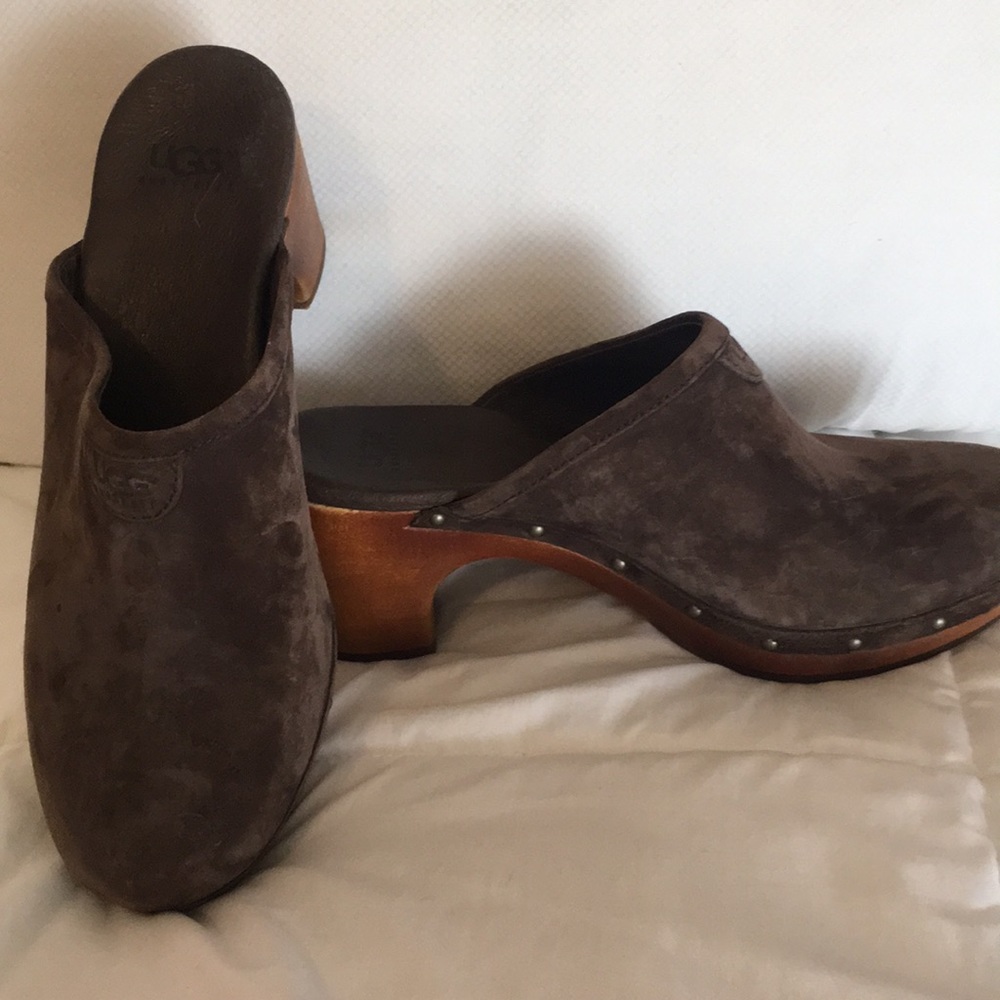 UGG Brown Suede Clog Mules with Wood Heel